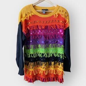 Vintage Spree International Sweater 1990’s Rainbow‎ Bejeweled Tassels Large